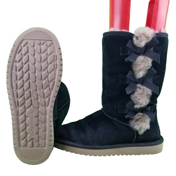 ✅TheKoolaburra by UGG VICTORIA Women's Tall Boot Size 8 BLACK Suede Faux Fur Bow - Picture 3 of 12